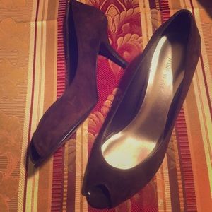 Suede, open toe heels